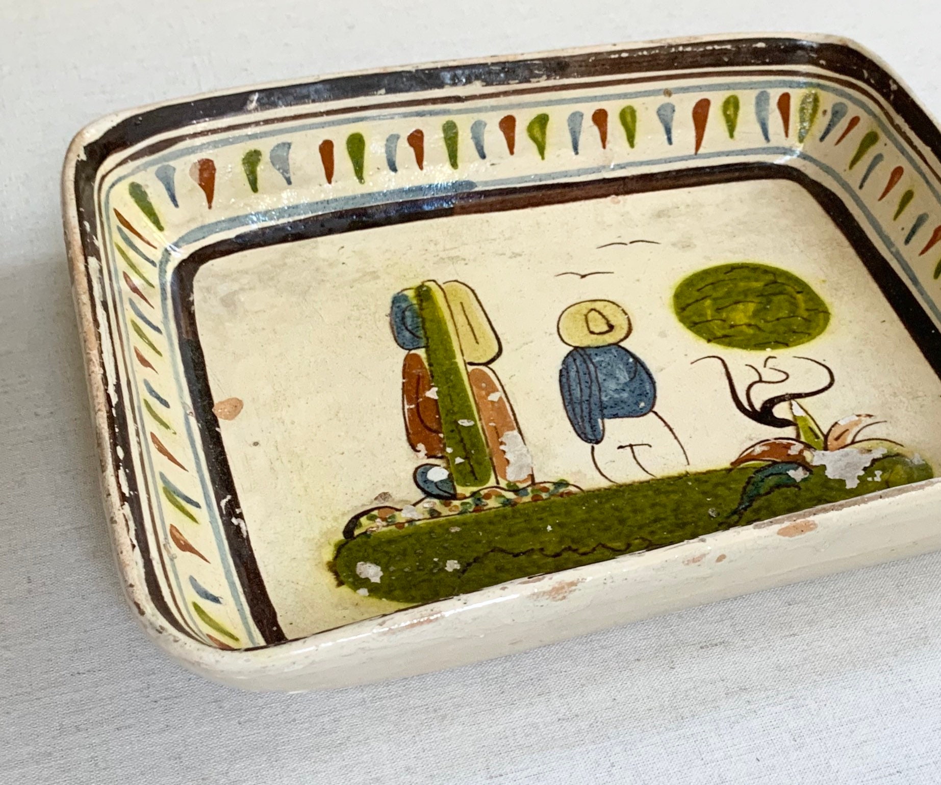 Mexican Ceramic Clay Bowl Platter Hand Painted Made in Mexico Folk Art