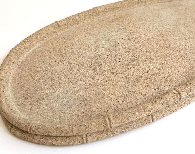 Vintage Sand Pottery Decorative Tray Oblong Oval Egg Shape Bamboo Trim