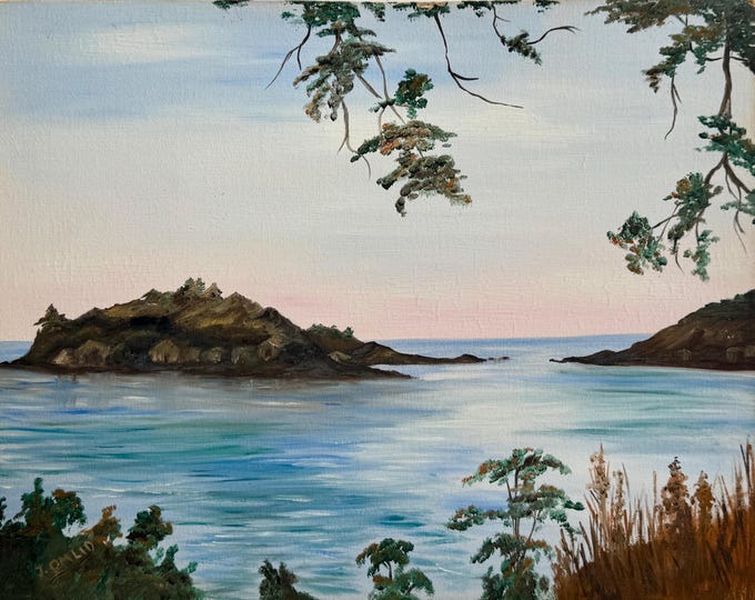 Seascape Original Oil Painting Signed J OMLID Vintage Wall Art Pastel Seaside Ocean Sea Nature Plants Trees Landscape Painting Blue Green