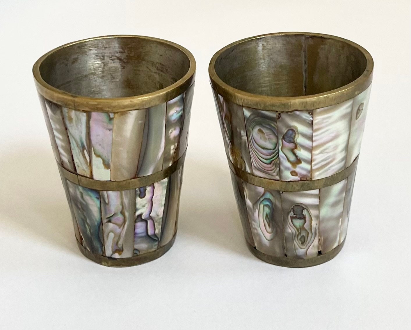 Mexico Brass Abalone Cups Cordial Glasses Shot Glasses Vintage Abalone