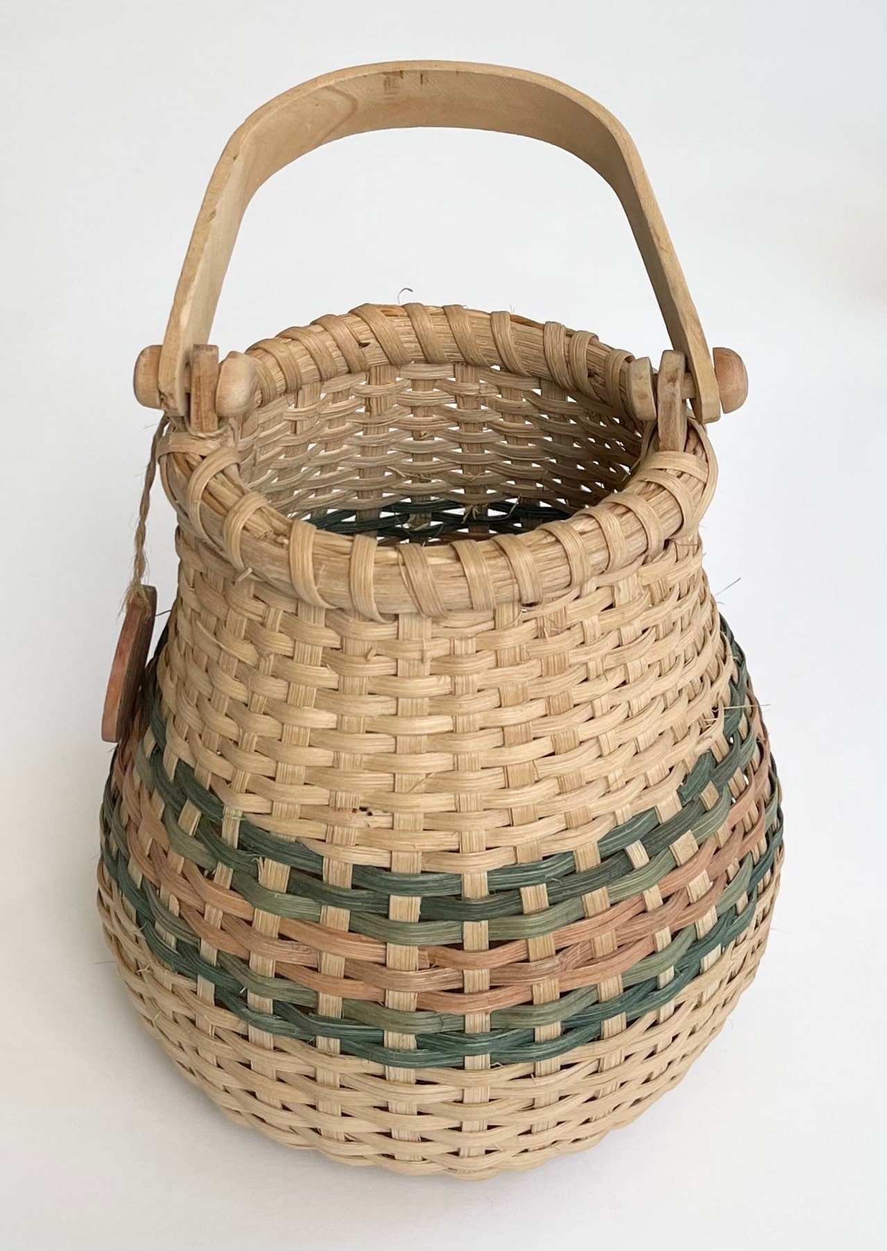 Handmade Bucket Basket with Wood Handle Vintage 90s Artist Maker Signed