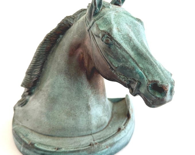 Heavy Horse Head Bookend Vintage Equestrian Horse Head Hunting Polo Gladys Brown Dodge Office Library Decor Very Aged Patina Cast Metal