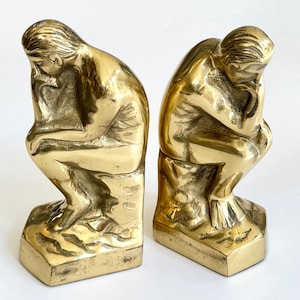 MCM The Thinker Bookends Vintage Office Library Decor Set Pair Lot of Two Matching Rodeo Sitting Thinker Book Holders Aged Patina Heavy