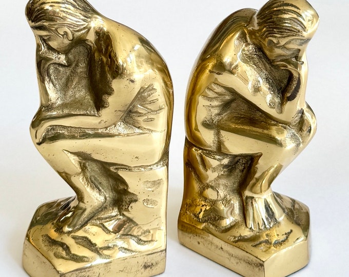 MCM The Thinker Bookends Vintage Office Library Decor Set Pair Lot of Two Matching Rodeo Sitting Thinker Book Holders Aged Patina Heavy