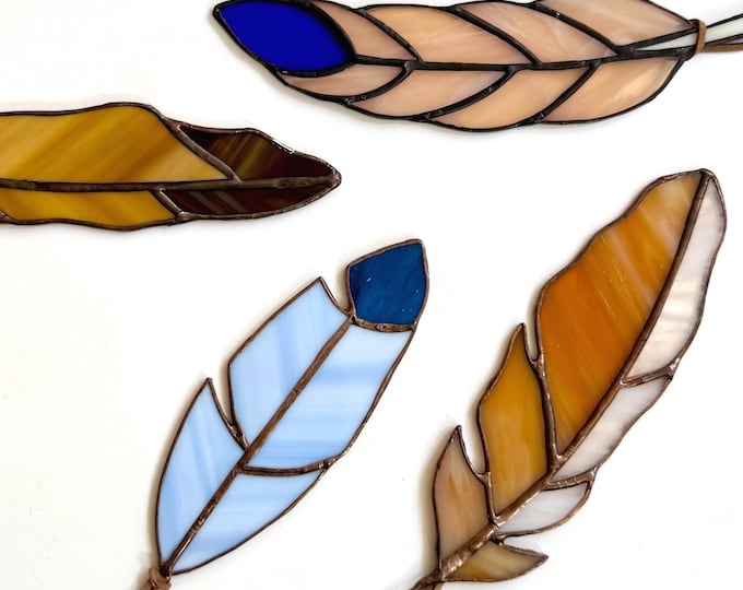 Vintage Feather Stained Glass Art Handmade Multi Color Brown Blue Blush White Feathers Leather Hanger Glass Art Suncatcher