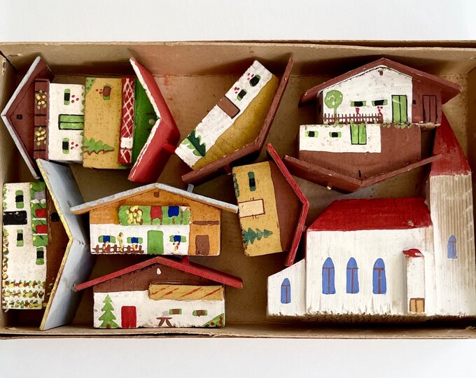 German Wooden Village Set Original Box Hand Painted Wood Christmas