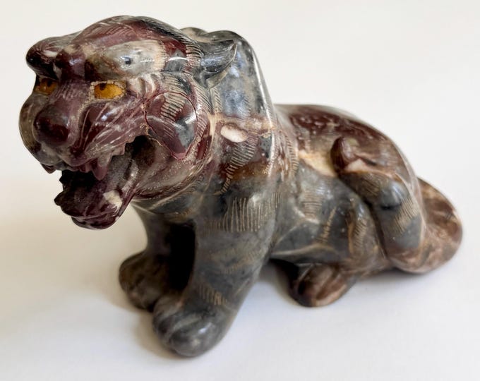 Vintage Marble Tiger Statue Statuette Figurine Object Heavy Carved Stone Animal Crouching Sitting Feline Leopard Tiger Chinese Asian Antique
