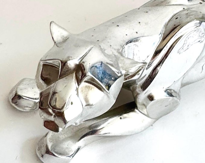 Mid Century Silver Jaguar Panther Crouching Figure Sculpture Figurine Long 13" Length Vintage MCM Ceramic Feline Retro 50s 60s