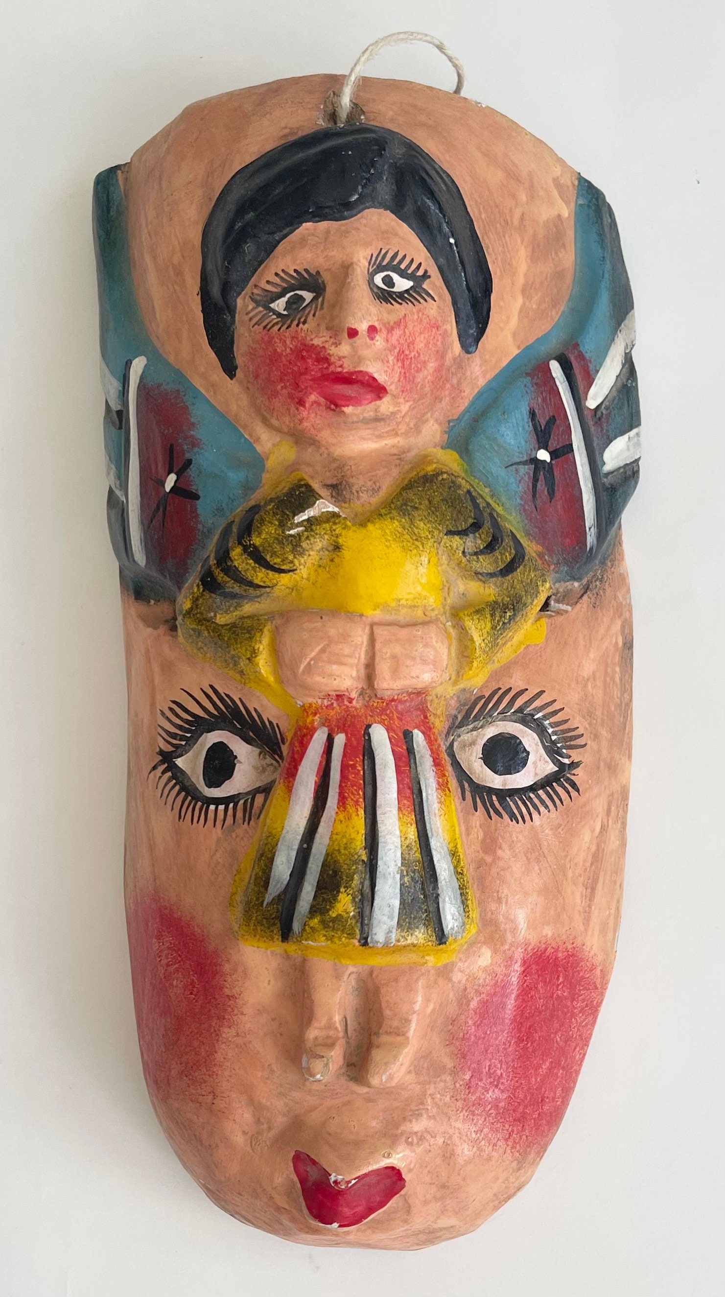 Mexican Wooden Angel Mask Dancing Religious Folk Art Mask Rustic Hand Painted Carved Wood
