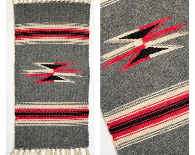 Handwoven Chimayo Weaving Mat Tabletop Size Textile Vintage Southwest New Mexico Style Folk Art Handwoven Gray Red Black Natural White