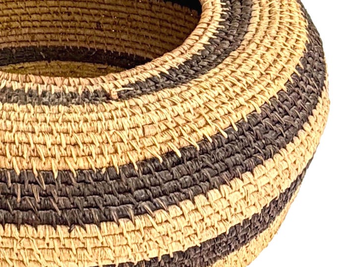 Large Vintage Basket Bowl Vintage 17" Artisan Handwoven Neutral Earth Tone Stripes