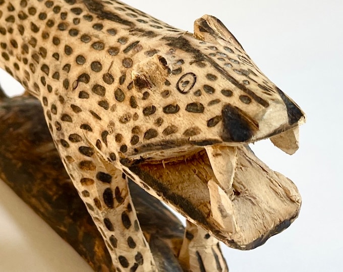 Folk Art Wood Carving Leopard Jaguar Animal Mid Century Vintage Mexican South American Wooden Art Object Statue