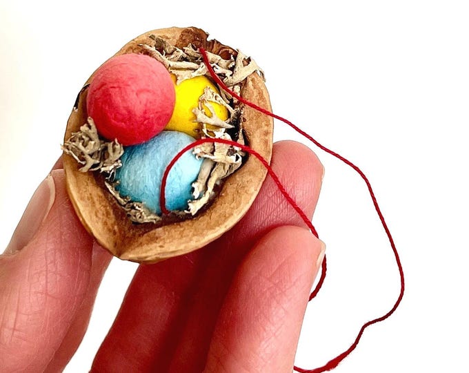 Vintage Italian Easter Egg Ornament Inside Walnut Shell Made in Italy