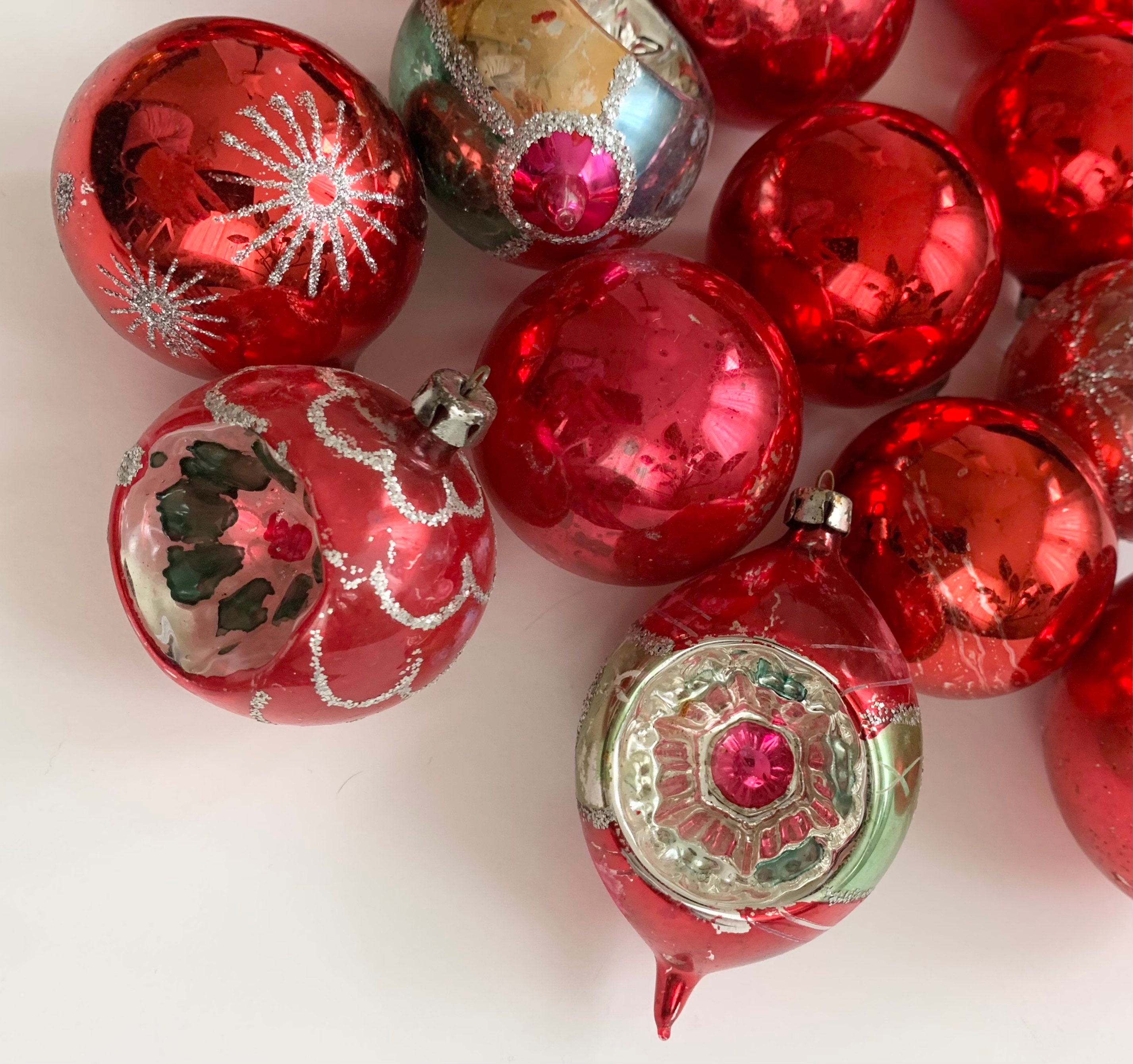 Vintage Red Glass Ornaments Mixed Lot of 37 Red Silver Tone Christmas