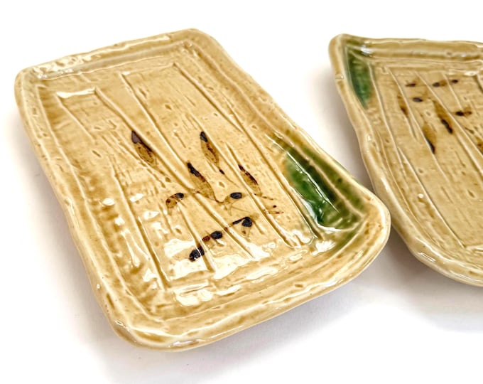 Vintage Pottery Sushi Plates Neutral Botanical Ceramic