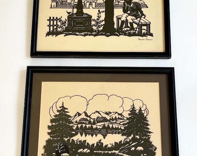 Pair of German Cut Out Art Paintings Signed Vintage Black and White Framed Art Wall Hangings Heinz Pruess Landscape Nature Landscape Village