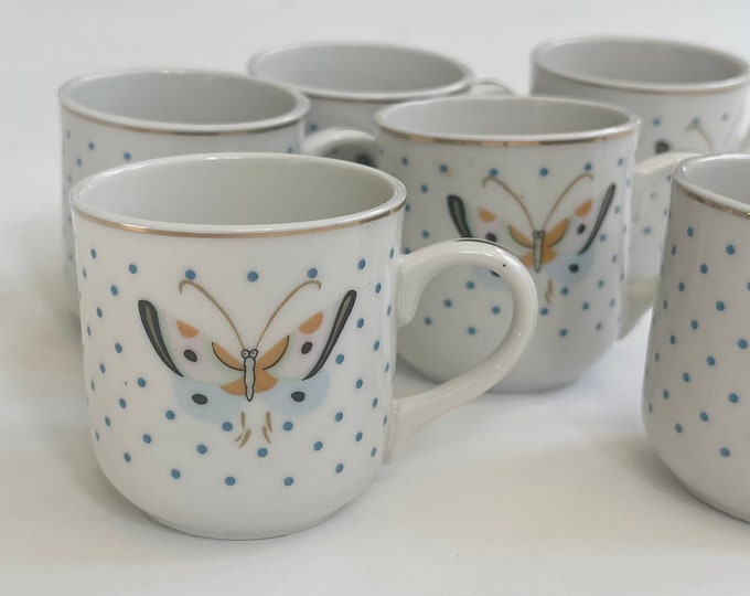 Butterfly Tea Cup Demitasse Cup Set of 6 Cups Made in Japan Small Espresso Tea Cup Tea Set Spring Garden Tea Party White Fine Porcelain