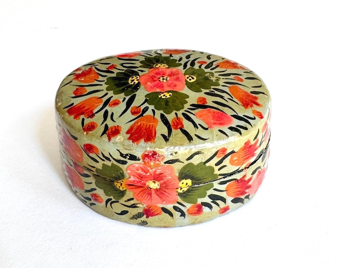 Kashmiri Lacquered Wood Box with Lid Lidded Box Made in India Hand Painted Flowers Floral Round Oval Small Trinket Box