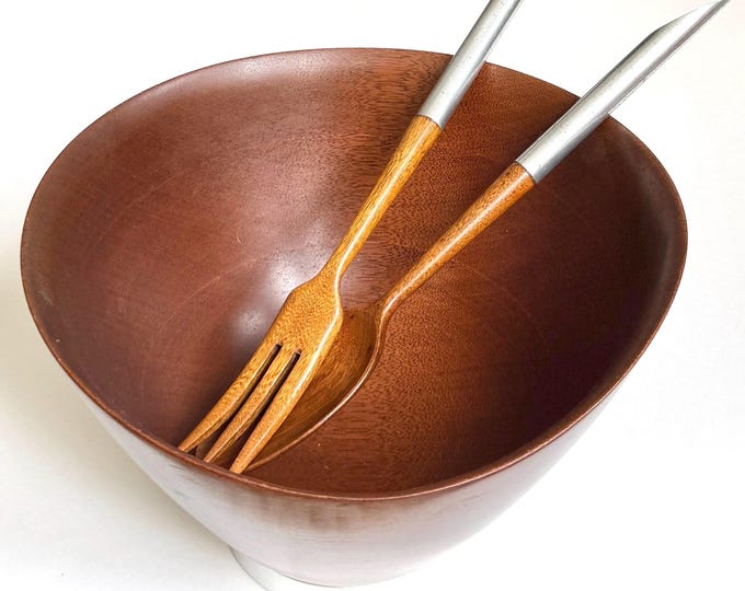 Richard Hudson for Quentin Co Wood Salad Bowl Set Mid Century MCM 50s 60s Vintage Dark Mahogany Wood 3 Piece Set Sleek Minimalist MCM Design
