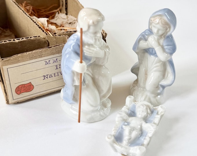 Lefton Japan Nativity Scene Set 1735 Original Box Mid Century Vintage Joseph Mary Baby Jesus Religious Holiday Christmas Decor White Blue