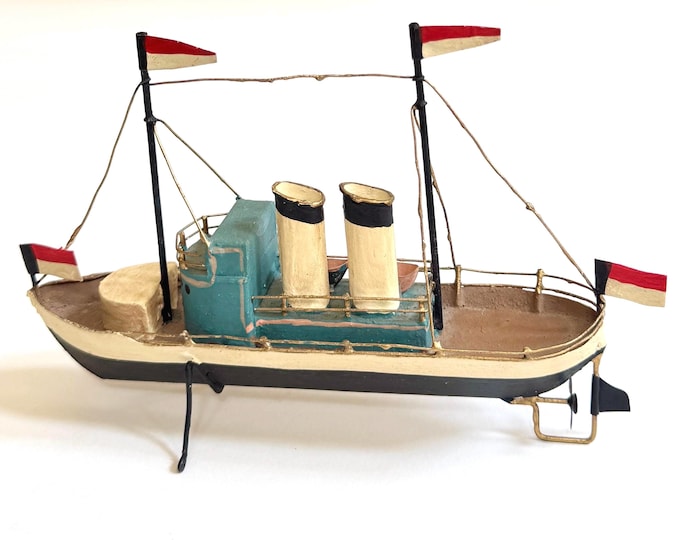 Vintage Model Ship Boat Handmade Hand Painted Metal Steamship Beach House Lake House Bookshelf Nautical Decor
