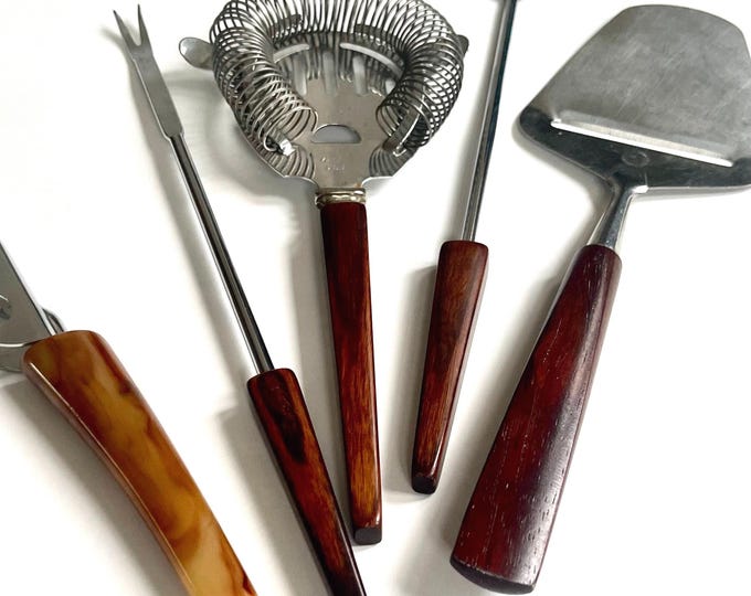 Mid Century Barware Set: Teak & Bakelite Cocktail Tools