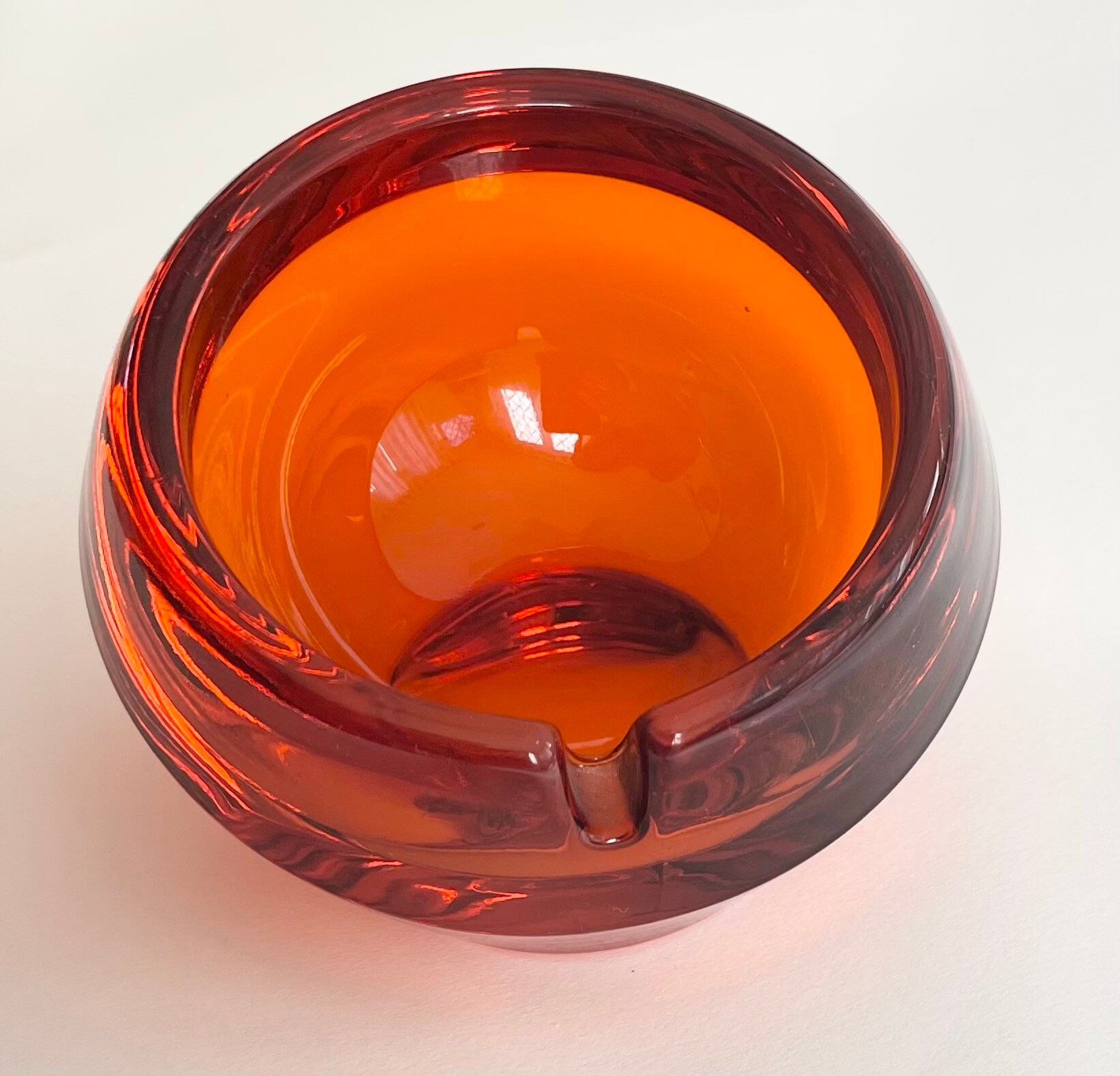 Heavy Orange Glass Ashtray Minimalist Sleek Vintage Mid Century MCM