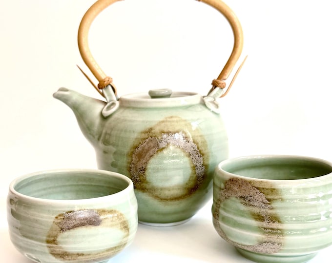 Celadon Pottery Tea Set Vintage Glazed Aqua Blue Green Seafoam Jade Beige Teapot Tea Cups