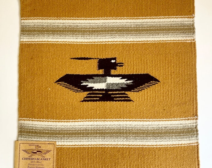 Handwoven Chimayo Weaving Mat Tabletop Size Textile Vintage Soft Desert Tone Neutrals Mustard Yellow Wool Southwest Western Home Decor
