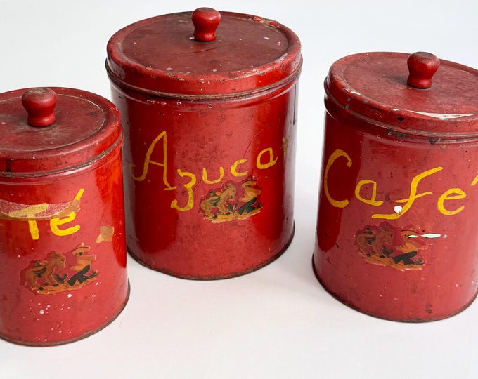 Rustic Vintage Kitchen Metal Canisters Boxes Empeco New York Tea Coffee Sugar Very Aged Old Worn Red Patina Southwest Farmhouse Té Café