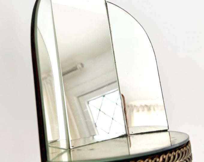 Vintage Mirrored Altar Shrine Nicho Angled Glass Mirrors Wood Base Decorative Brass Trim