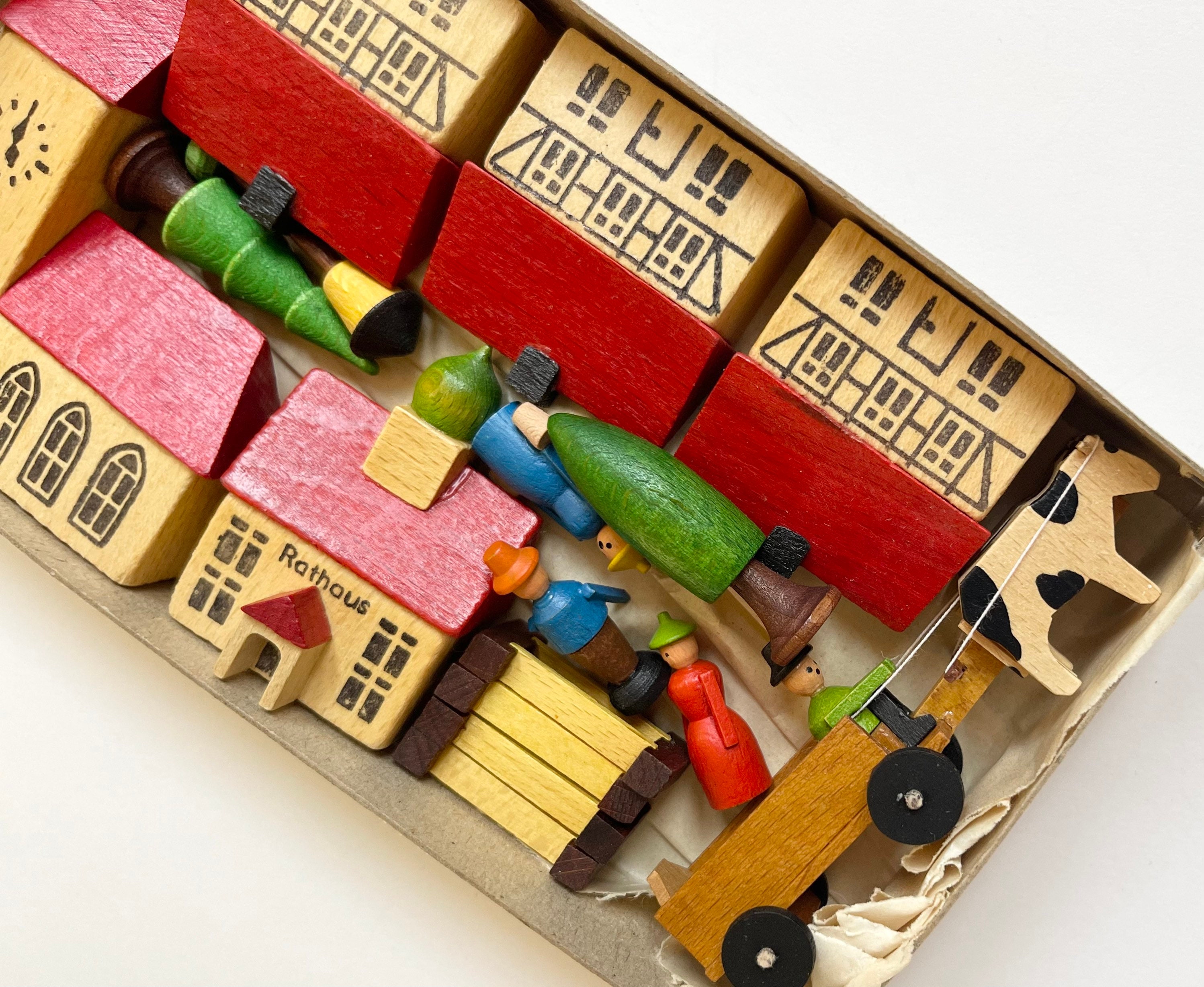 German Wooden Toy Set East Germany Original Box Wood Christmas Village Town People Animal