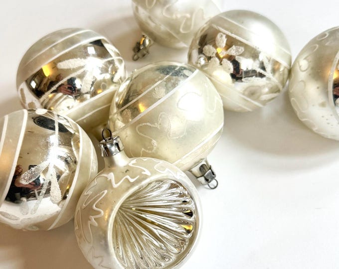 Poland Silver Ornament Lot of 7 Vintage Frosted White Painted Silver Bulbs Ornaments Stamped Poland Polish Glass Christmas Holiday Decor