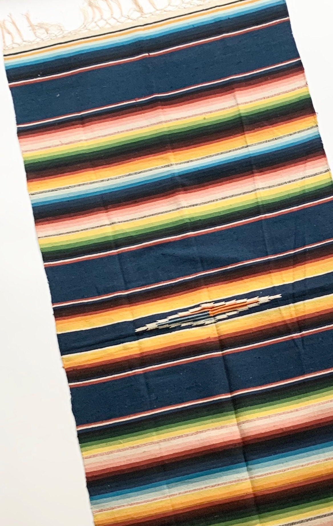 60s Mexican Serape Throw Blanket Runner Mat Handwoven Cotton Textile