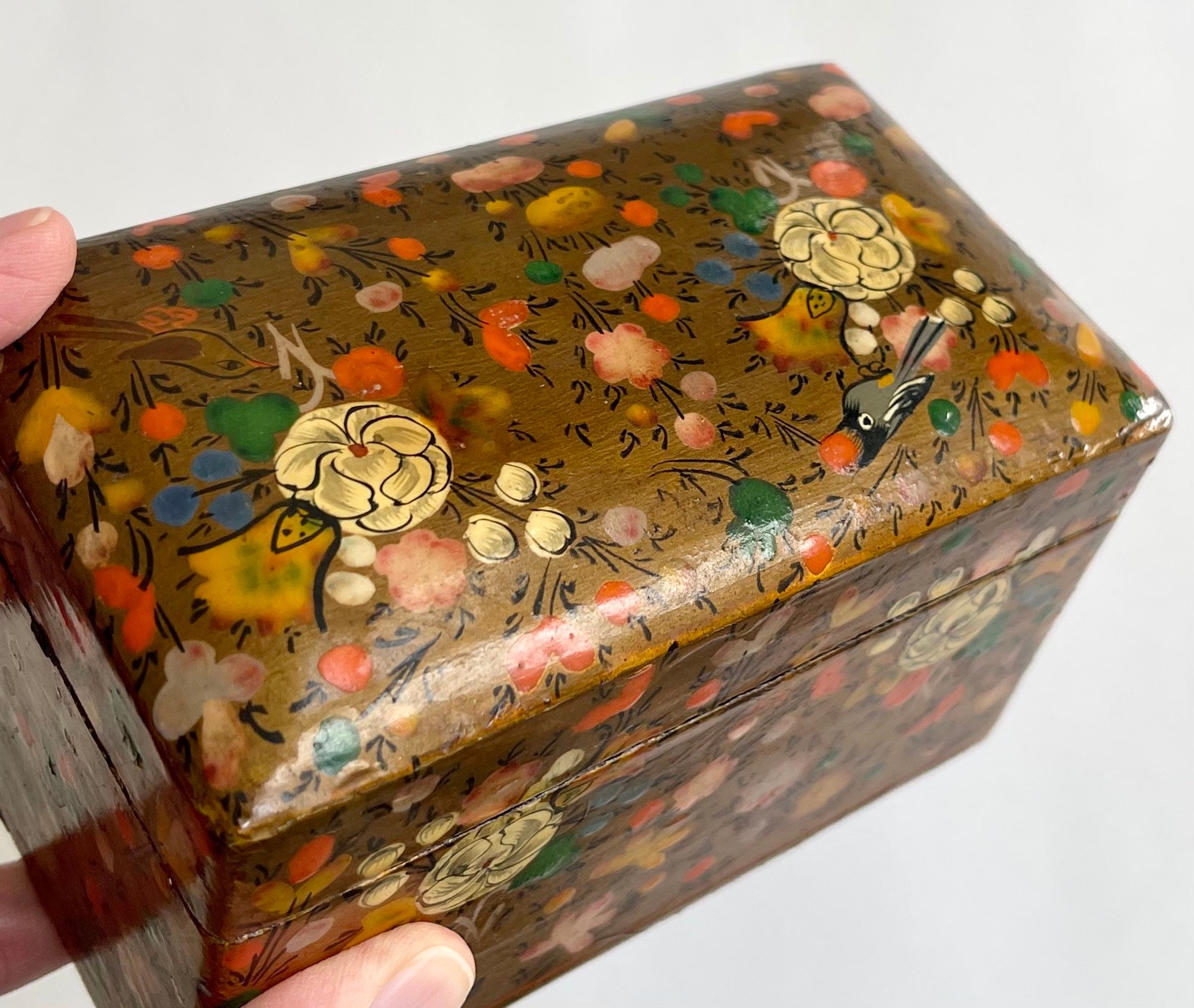 Kashmiri Lacquered Wood Box with Lid Lidded Box Made in India Hand