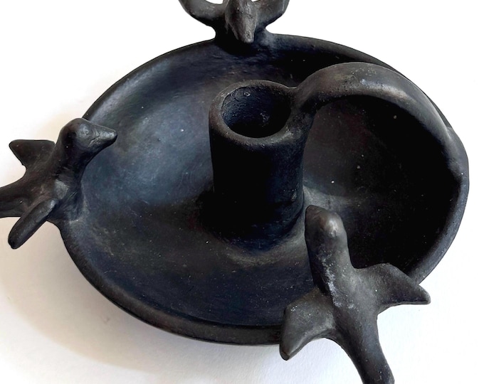 Black Pottery Crow Candle Holder Candlestick Holder Southwest Folk Art Three Black Birds Ravens Crows
