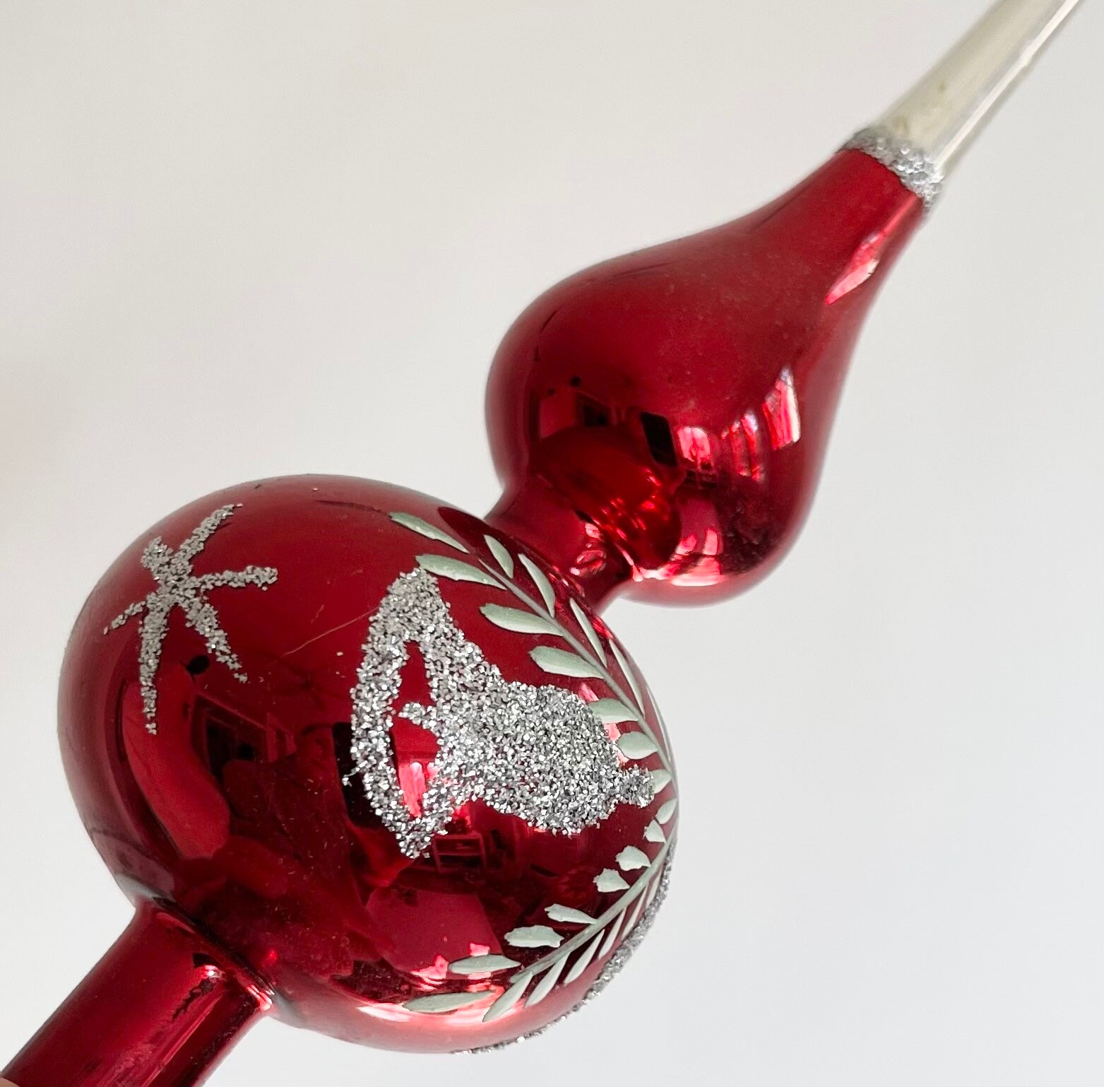 Vintage Glass Tree Topper Delicate Red Silver Glitter Bells Hand