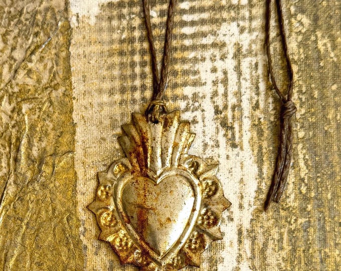 Vintage Sacred Heart Painting Santa Fe NM Original Art Religious Burning Heart Silver Gold Small Vertical Stretched Canvas