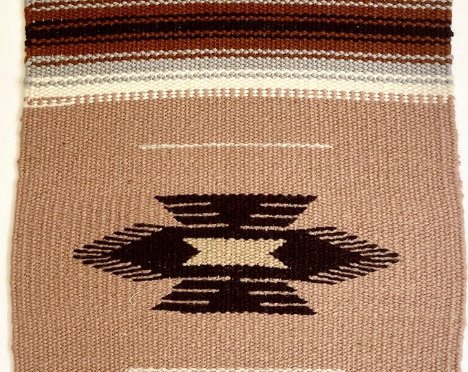 Old Chimayo Thunderbird Weaving Old Stock Runner Tabletop Mat Textile Vintage Southwest New Mexico Handwoven Neutral Earth Tone Striped Wool