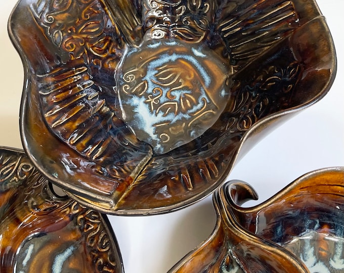 Mid Century Hilborn Dish Bowl Serving Dining Decorative Set of 3 Made in Canada Glazed Glossy Brown Blue MCM Pottery Chip Dip Bowl Segmented