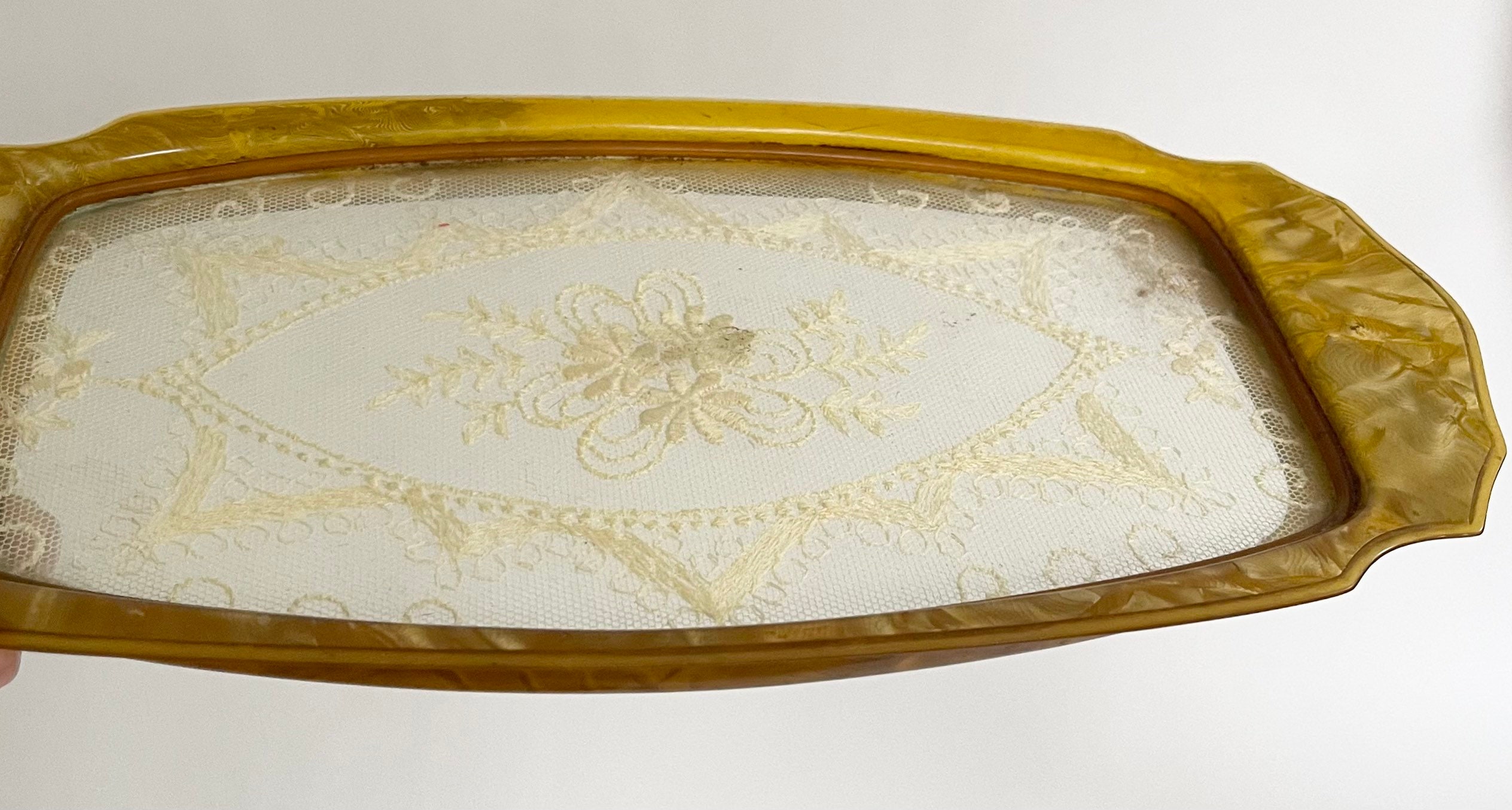 Victorian Lace Vanity Tray Vintage Lace Inside of Glass Golden