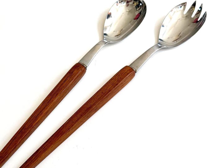 Mid Century Salad Serving Utensils Teak Wood Handles Rostfrei Germany