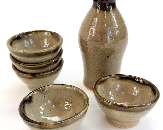 Vintage Pottery Sake Set 5 Sake Cups Sake Carafe Neutral Two Tone Brown Beige Earth Tone Ceramic Pottery Sushi Date Night