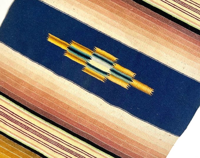 Antique Mexican Handwoven Wool Serape Runner Mat Fringe Ends