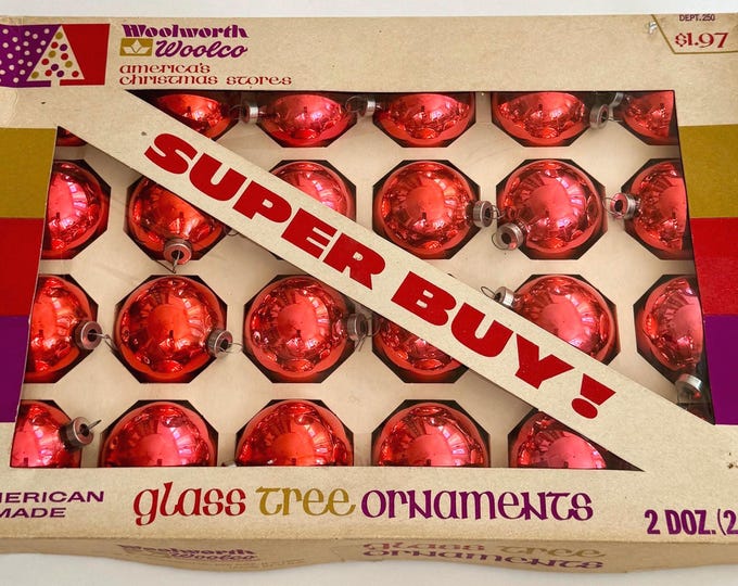 Woolworth Magenta Red Ornaments Lot Set of 24 Christmas Tree Glass Bulbs Original Box Retro Holiday Decor Made in USA Original Box