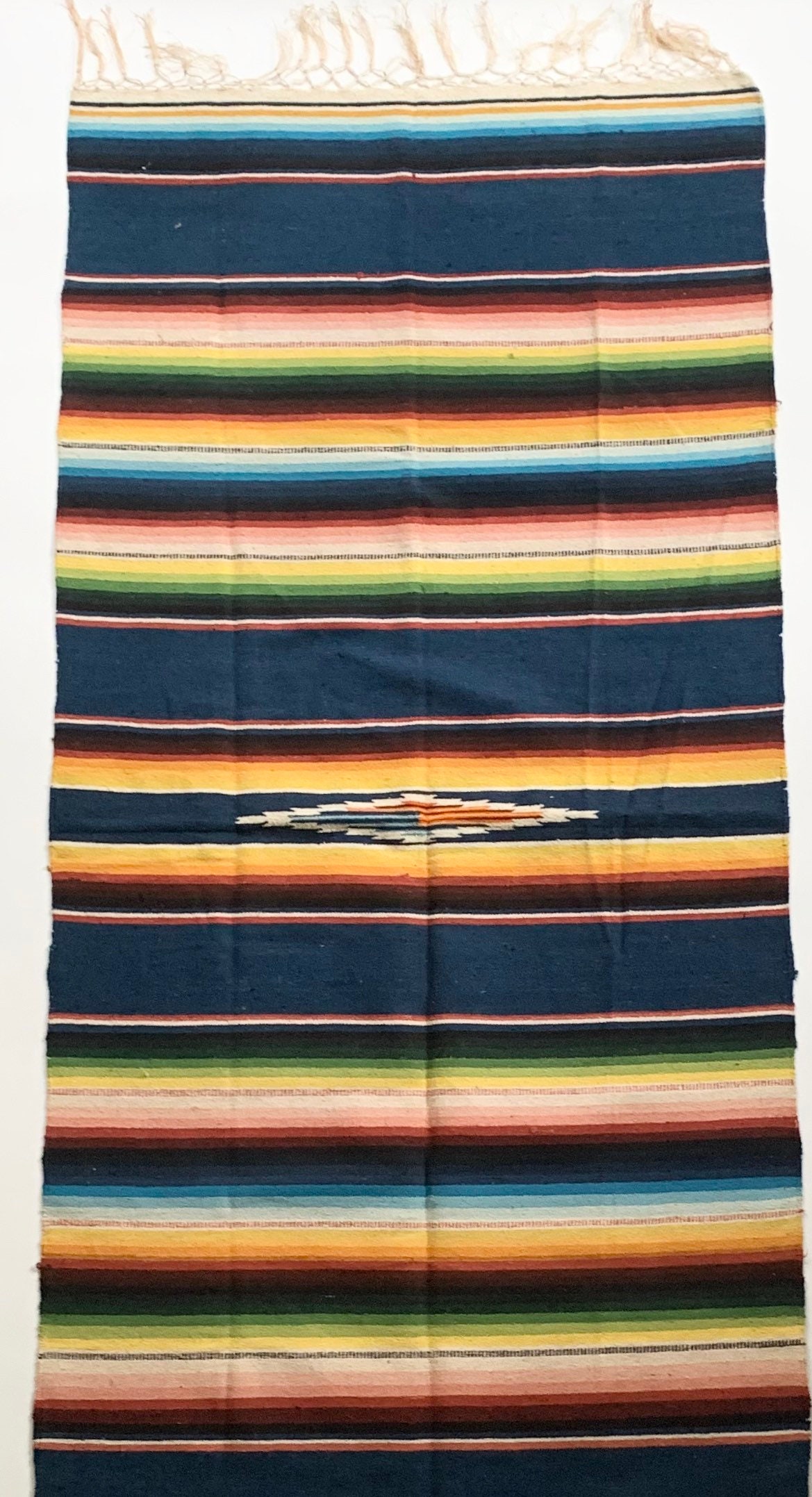60s Mexican Serape Throw Blanket Runner Mat Handwoven Cotton Textile