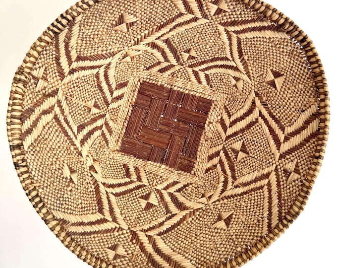 Charming Round Basket Bowl Vintage Artisan Handwoven Sturdy Basket Beige Brown Geometric Weave Home Decor Accent