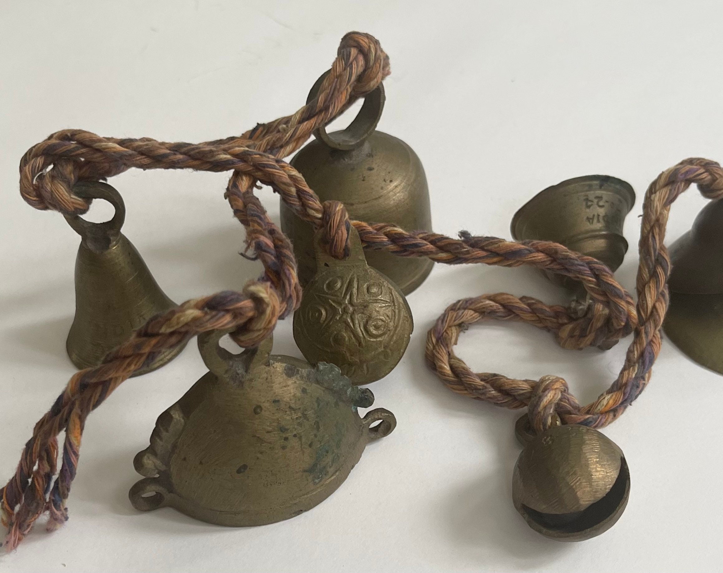 Old Indian Brass Bells Strand String of 7 Solid Brass Bells Peaceful
