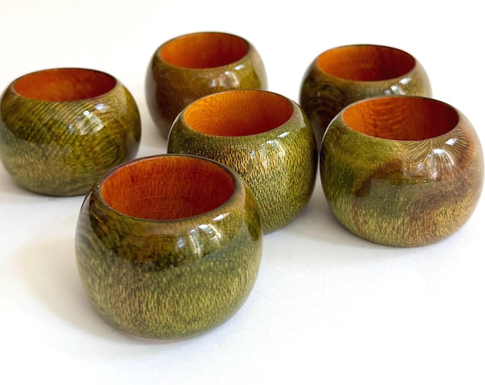 Mid Century Vintage Wood Napkin Ring Set Avocado Olive Green