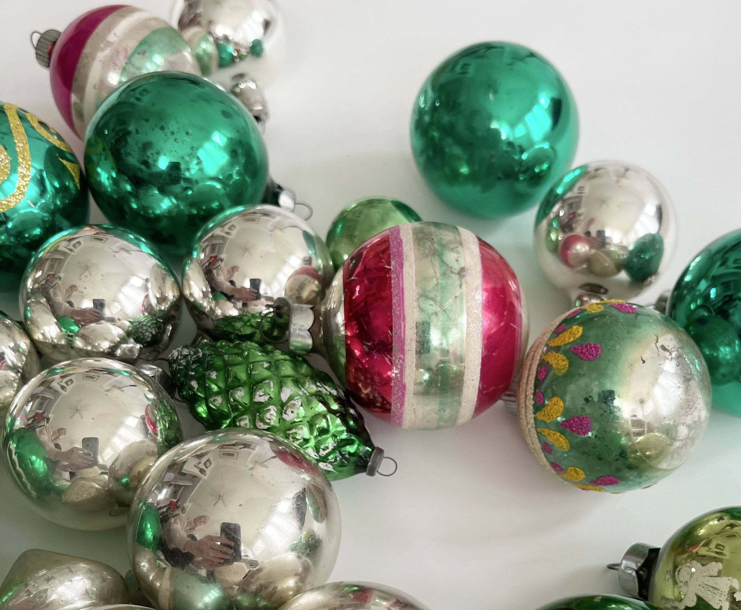 Vintage Green Glass Ornaments Mixed Lot of 25 Green Silver Tone